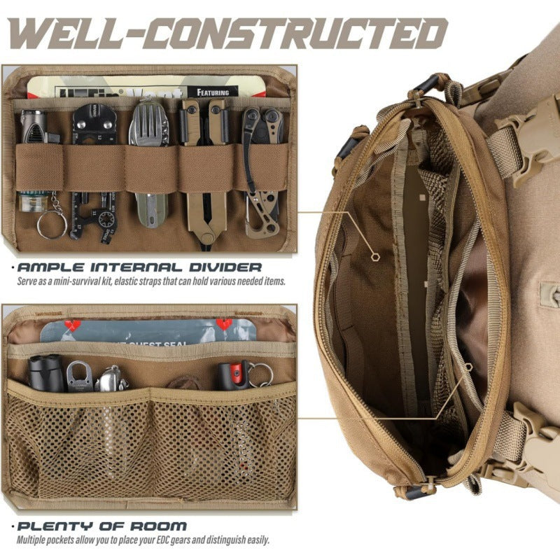 Tactical/outdoor gear: 1000D Airsoft bag, Molle vest, chest bag, camping pack, EDC hunting/hiking kit.